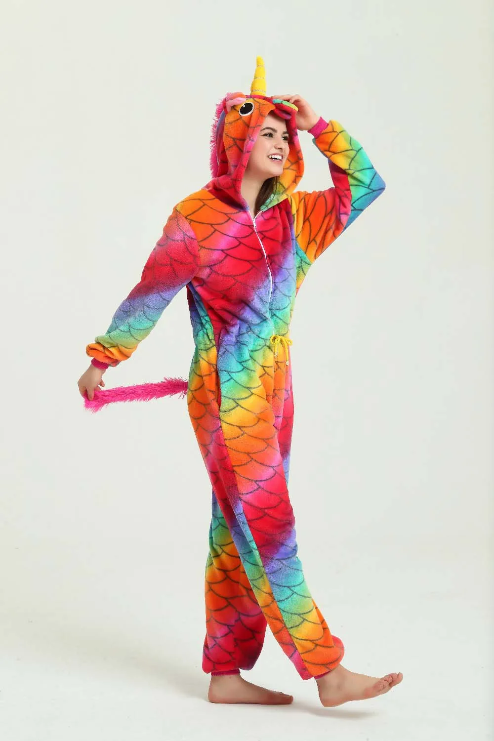 fish scale unicorn02 Новинка, зимняя теплая Пижама для взрослых, унисекс, комплект, мультяшная Пижама, Женская пижама, Фланелевая пижама с изображением животных, Ститч, панда, единорог, пижама, кугуруми - Цвет: fish scale unicorn02