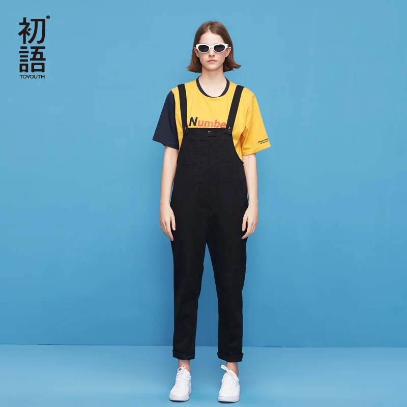 

Toyouth 2019 Summer New Vintage Jumpsuit Casual Slim Black Cotton Bib Pants Female Solid Straight Backless Overalls for women