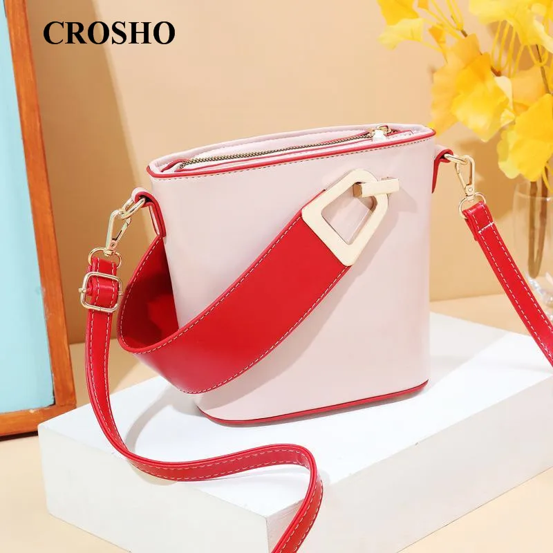 

CROSHO Bucket Bag Women's Irregular Fashion Contrast Color Fine Leather Grain Handbag Single Shoulder Crossbody Bag Panelled
