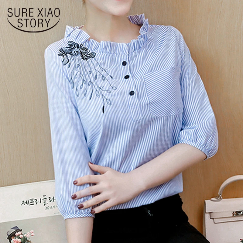 

dames blouse zomer summer shirt womens clothing Embroidered vest ruffle collar bluse womens summer tops and blouses 4626 50