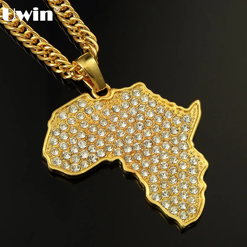 

New 2015 Hot Gold/SilverColor Hip Hop Vintage Punk Crystal Map of Africa Pendant Necklace Men Fashion Chain Necklaces Jewelry