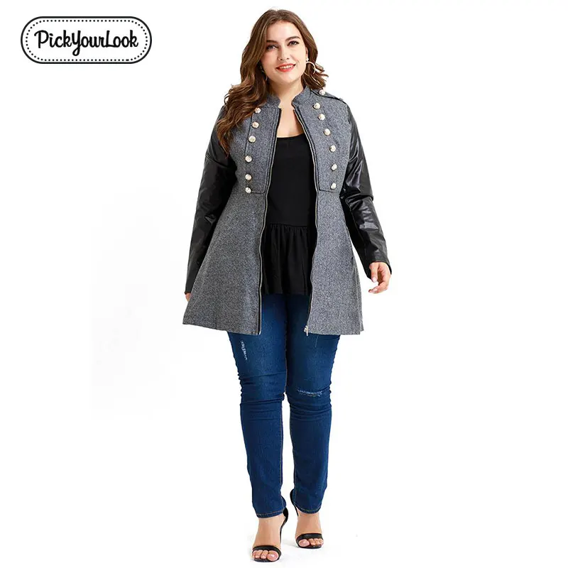Pickyourlook, женские пальто и куртки размера плюс, модные, из искусственной кожи, с рукавом, на молнии, Женское пальто, большая пуговица, Дамская верхняя одежда 40