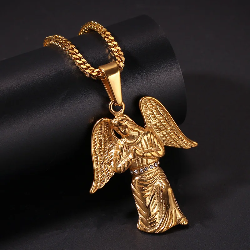 

Hip Hop Gold Color Stainless Steel Angel Wing Virgin Mary Pendants Necklace for Men Women Jewelry