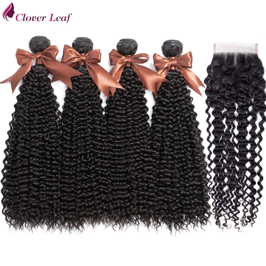 

Clover Leaf Brazilian Kinky Curly Hair 4 Bundles With Closure Human Hair Bundles With 4*4 Lace Closure Remy Hair Natural color