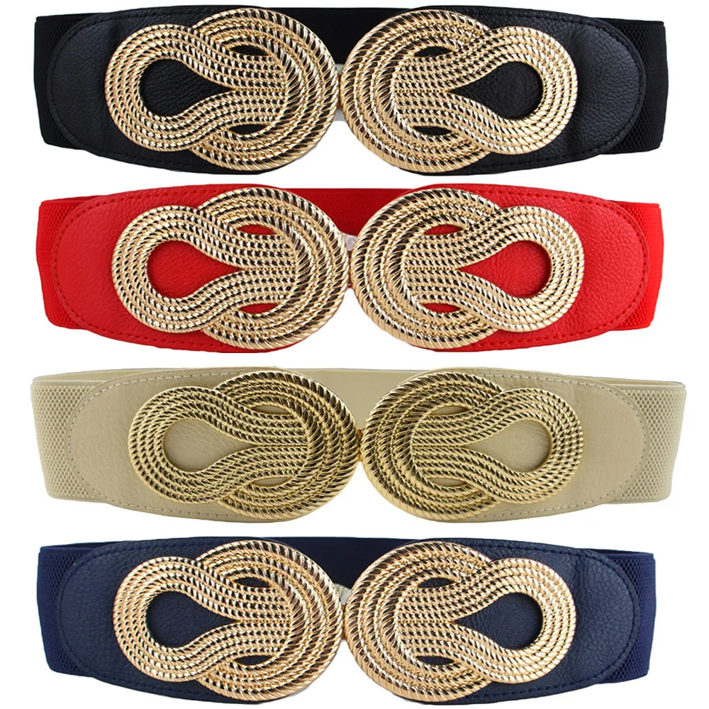 Women-Vintage-Chinese-Knot-Buckle-Stretchy-Belt-Faux-Leather-Elastic ...