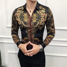 Черная Золотая рубашка с принтом зауженный крой, для вечеринки Клубная рубашка мужская Camisa Homem Мужская рубашка с длинными рукавами