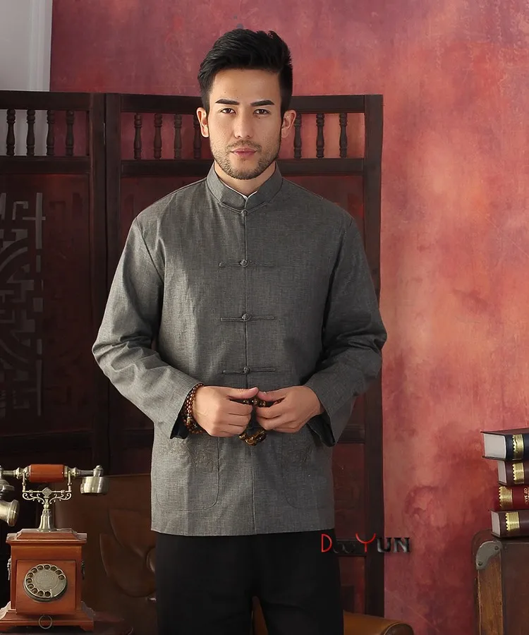 Модные серые Для мужчин с длинным рукавом в китайском стиле хлопок льняной пиджак кунг-фу пальто одноцветное Тан костюм Размеры размеры s m l