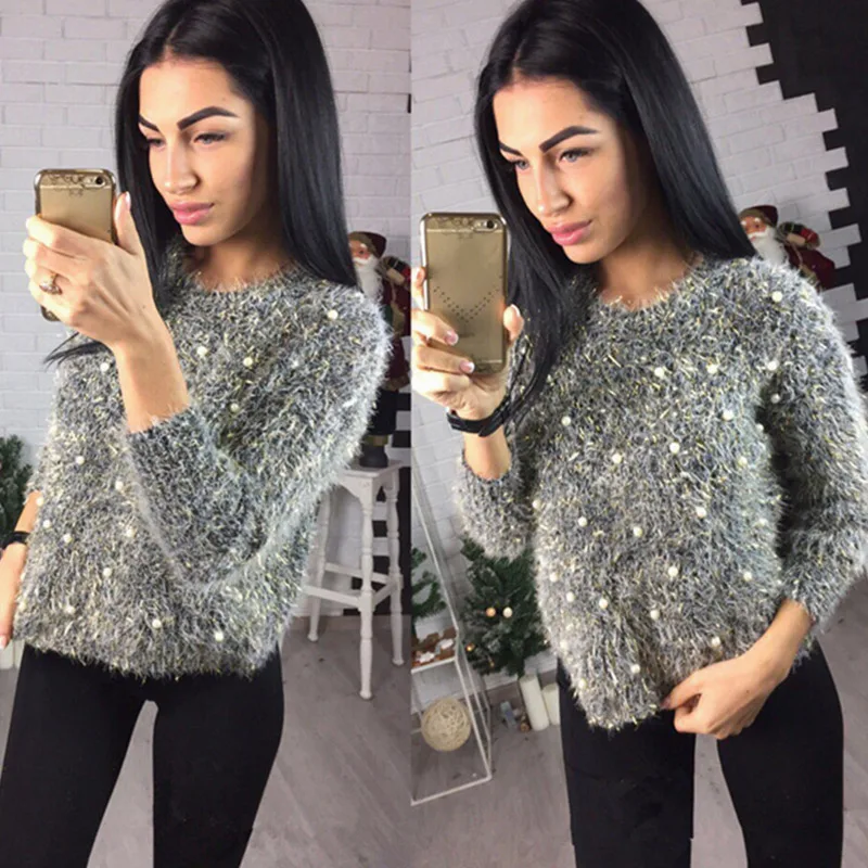 Women's Beading Pearl Fluffy Sweater Crop Top O neck Knitted Slim Pullover 2018 Autumn Winter Warm Fashion Casual Woman Sweaters