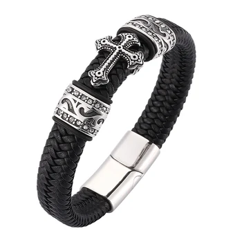 

Punk Men Jewelry Bracelet Black Braided Leather Cross Bracelet With Zircon Stainless Steel Magnetic Clasp Male Wrist Band SP0063