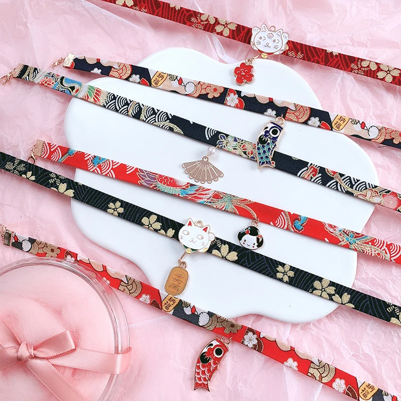 

Cat Ribbon Kawaii Flower Necklace Japanese Style Doll Sweet Cartoon Sakura Cute Rope Gift Short Women Carp Simple Romantic