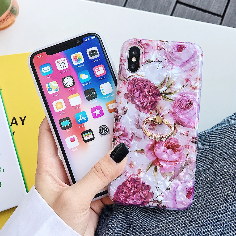 LOVECOM خمر الأزهار قذيفة حالة المحمولة حلقة Kickstand حامل ل فون XR XS ماكس XS 6 7 8 زائد واقي للشاشة لينة غطاء
