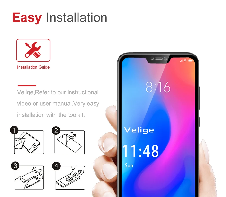 2 Pack Velige Screen Protector For Xiaomi Mi A2 Lite Xiomi MiA2 Lite Tempered Glass 2.5D Full Cover 9H Protective Glass Film (2)