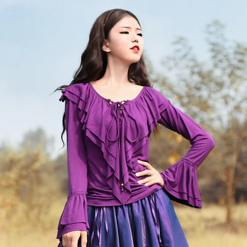

[ LYNETTE'S CHINOISERIE - BOSHOW ] 2016 winter women's solid color ruffle slim t-shirt basic shirt macchiato