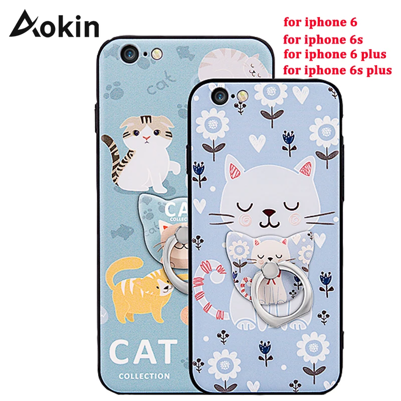 

Aokin 3D Cute CAT Cases for iPhone 6 6s With Ring Holder Soft Silicone Case for iphone 6 6s Plus Cat Phone Cases Full Cover