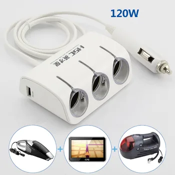 

One three car cigarette lighter power distributor converter with USB multi-function charging white black 12v to 24v