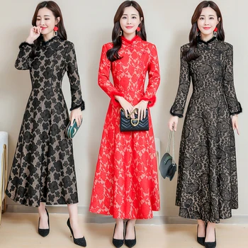 New Winter Chinese long qipao dress fur collar modern qipao red black vintage cheongsam elegant traditional Chinese clothing new red embroidery flower female modern cheongsam elegant mandarin collar chinese style dress cotton long sleeve qipao l xxl