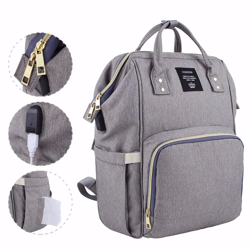 Lequeen USB Diaper Bags Large Nappy Baby Bag Upgrade Fashion Travel Backpack Waterproof Maternity M