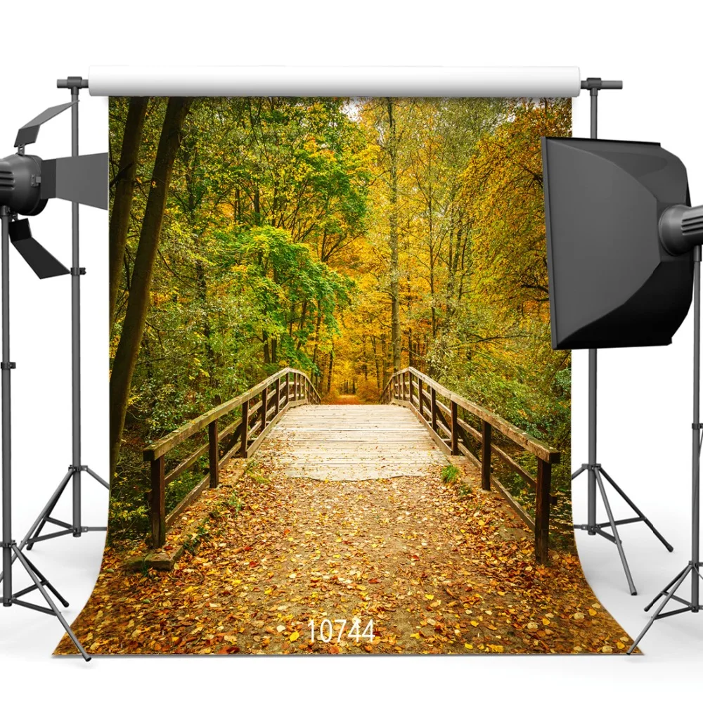 

Autumn Forest Photography Backdrops Wooden Bridge Photo Background 3D Vinyl Cloth Computer Printed for Photo Studio Photo Shoot