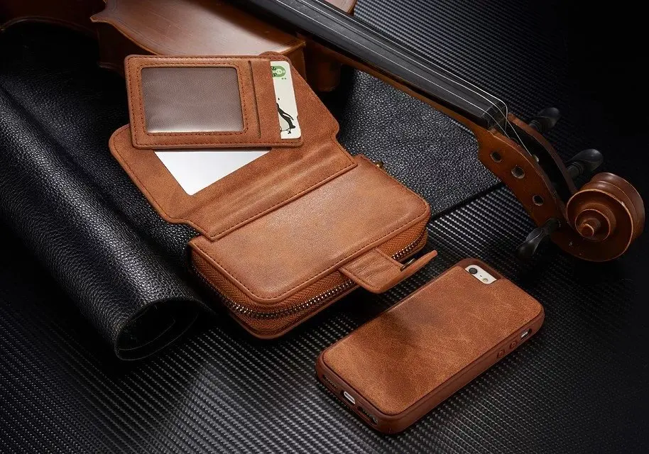 Multi Function 8 Card Slots Split Leather Zipper Closure Mirror Bag Wallet Case for iPhone 5S