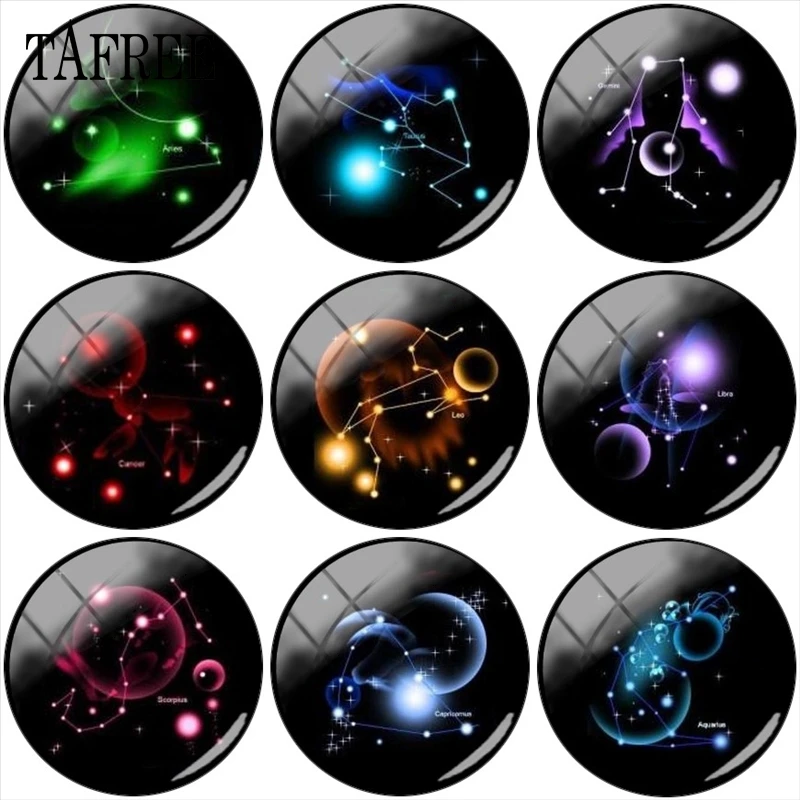 

TAFREE 12 Zodiac Retro Pattern Glass Cabochon 12mm 16mm 20mm Dome Base Cover Pendant For Keychains Necklace DIY Accessories