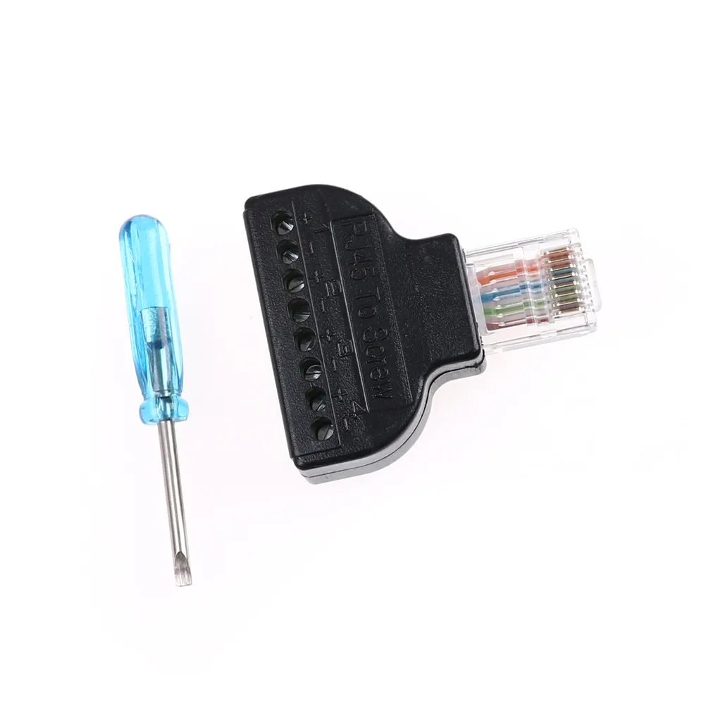 1Pc Black Plastic RJ45 Ethernet Male To 8 Pin AV Terminal Screw Adapter Converter Block Plug