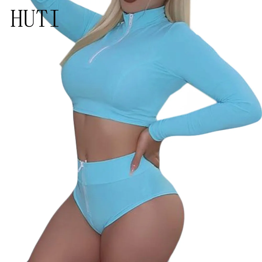 

HITI New Sexy 2 Pieces Sets Long Sleeve Umbilical Top and Zipper Bodycon Bodysuits Women Blue High Quality Swimming Overalls