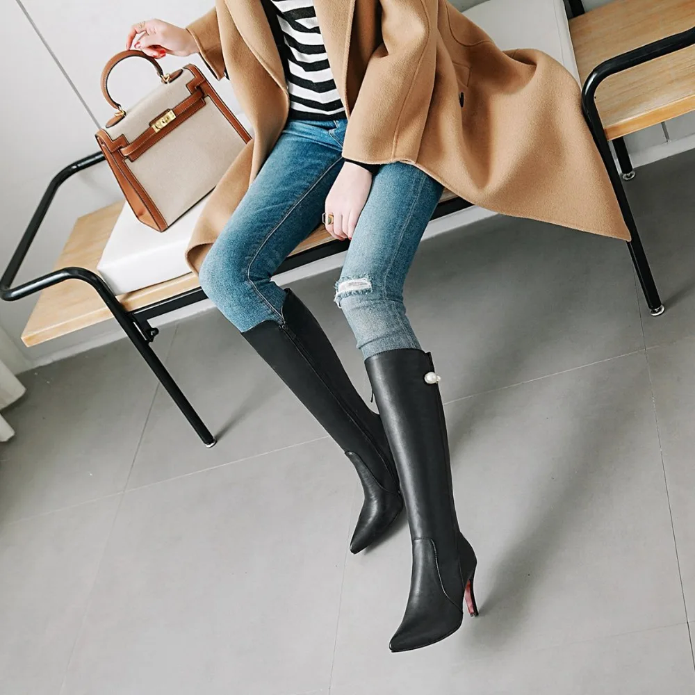 D'hiver Haute Mode Confortable Bottes Cuir Black Bout Peluche Chaud Genou En Longues De Chaussures Femmes Pointu Hiver qn1UYdUw