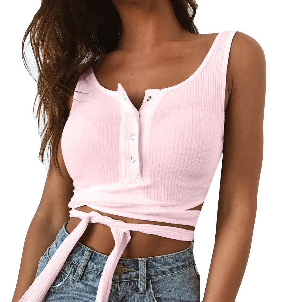 

SAGACE Womens Bandage Sleeveless Sexy Blouse Button Vest Patchwork Tank Top O-Neck Sleeveless t shirts women 2019 summer
