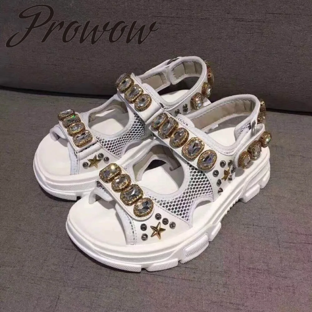

Prowow New Wihte Genuine Leather Crystal Diamond Summer Sandals Open Toe Metal Studded Flats Sandals Shoes Women