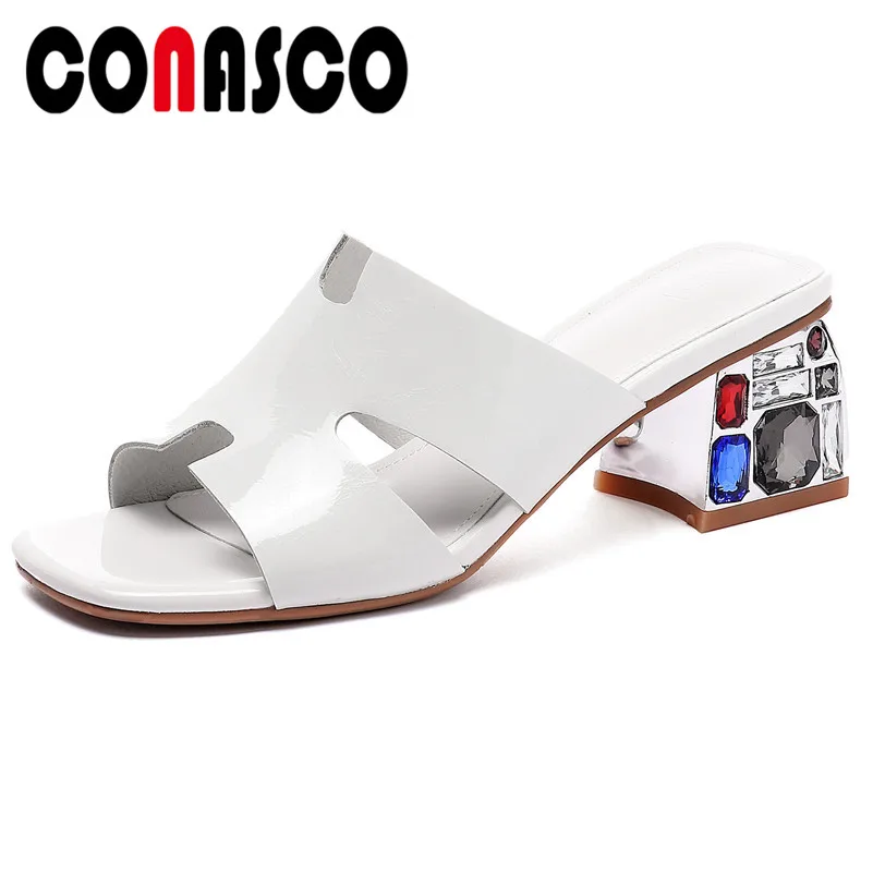 

CONASCO Summer Concise Sandals Women Casual Shoes Genuine Leather Rhinestone Square High Heels Prom Dress Shoes Woman Rome Pumps