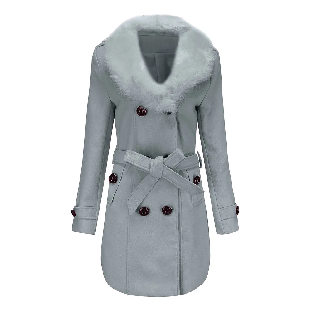 Зимнее женское длинное шерстяное пальто с меховым воротником, шерстяное пальто, тренчкот, однотонное пальто с длинным рукавом, верхняя одежда