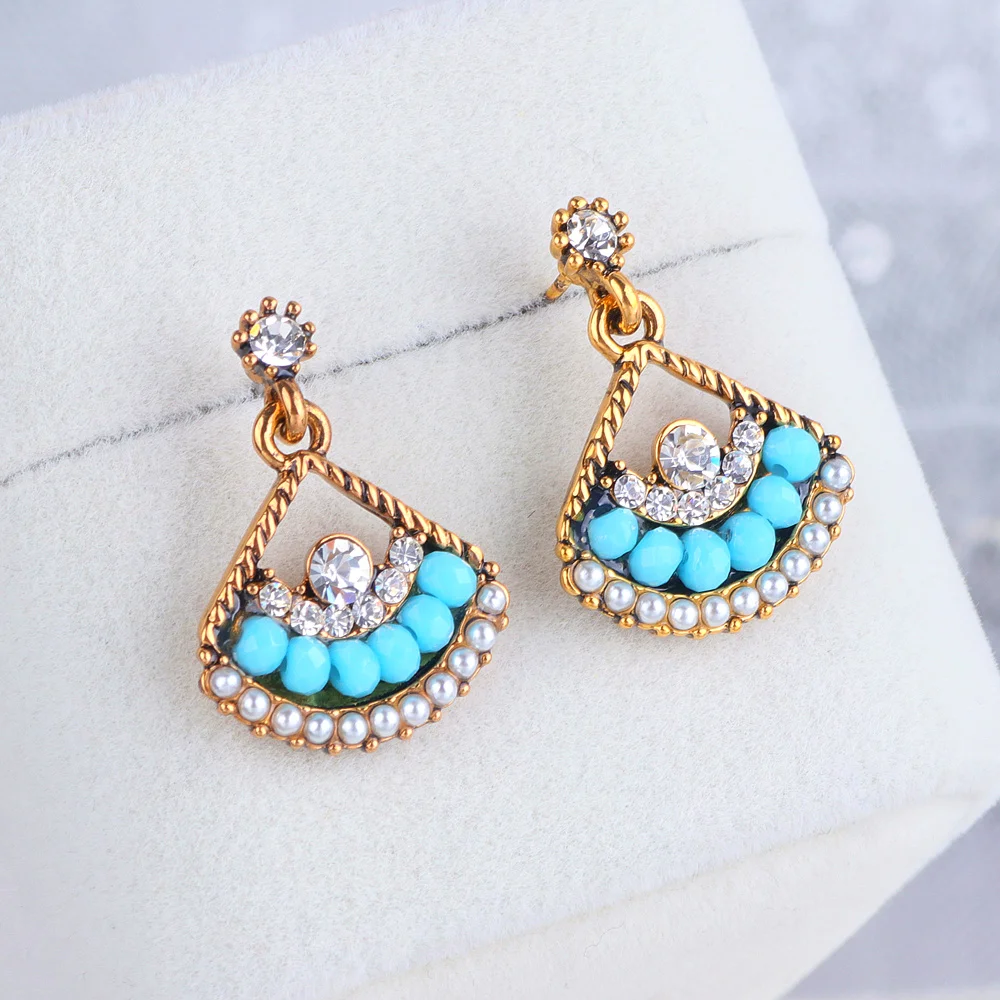 

New Bohemia Crystal Dangle Drop Earrings For Women Accessories Vintage Antique Gold Color Fan Shaped Earrings Ethnic Jewelry
