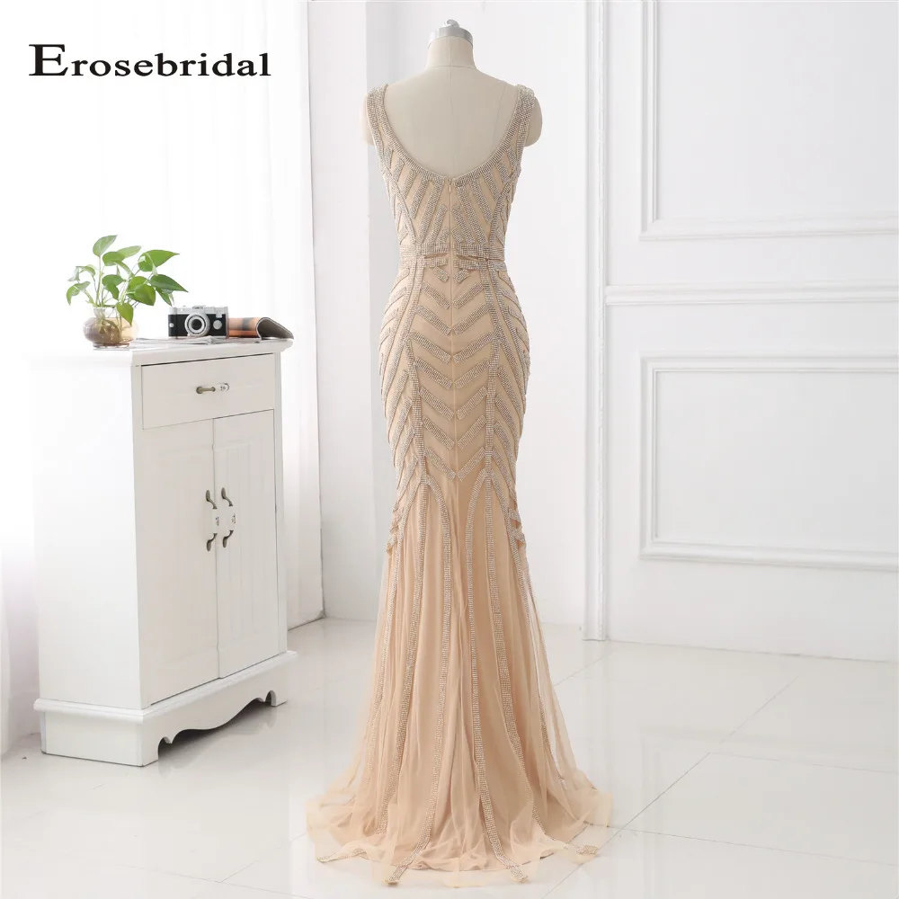 48 Hours Shipping Champagne Evening Dress Long Erosebridal Deep V Neck Mermaid Party Gowns Women Wear Sweep Train ZLR015
