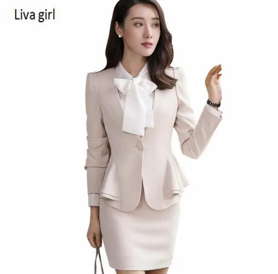 

New Autumn winter women skirt suits set elegant Business formal long sleeve hem ruffles office ladies plus size work uniforms