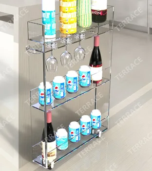 

Rolling acrylic kitchen storage rack with wine glass holder,Lucite bathroom shelf with handles