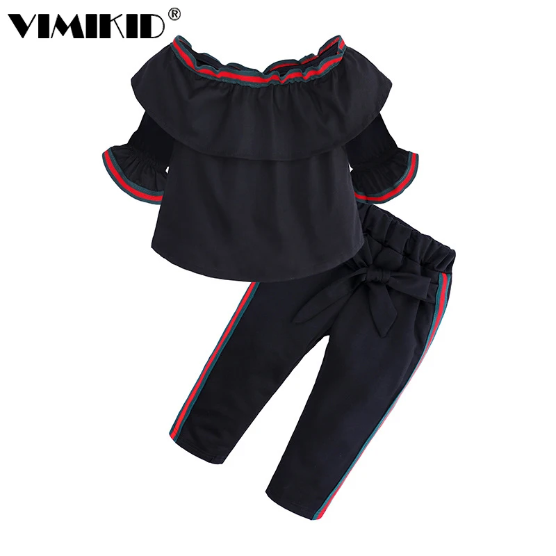 

VIMIKID WISH 2018 girls suit summer new children's suit flared pants cute word shoulder shirt