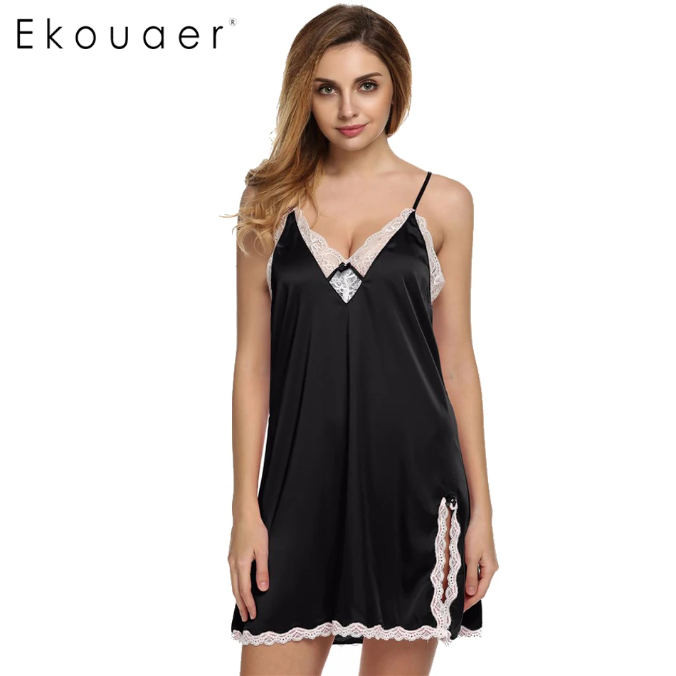 Ekouaer сна платье пикантные атласные пижамы шелковой ночной рубашке Для женщин Ночная рубашка сексуальное женское белье плюс Размеры размеры S M L XL XXL Женская ночнушка