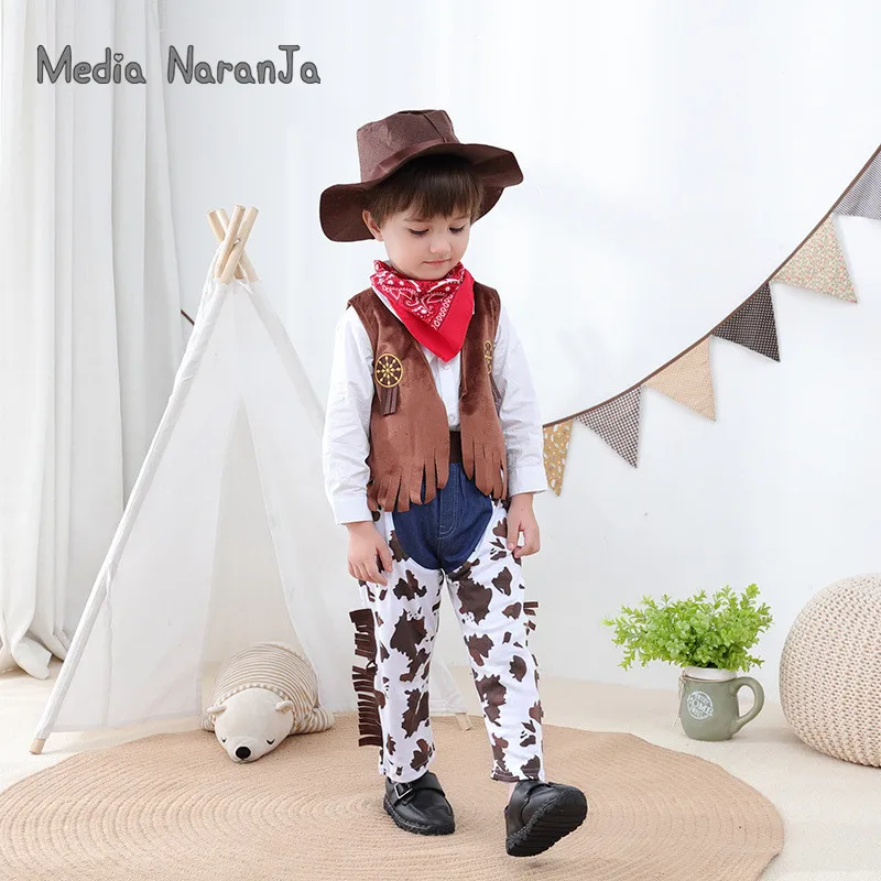 Children cowboy costume Long Sleeve Western Cowboy clothing Set hat+shirt+vest+pants halloween birthday peformance purim clothes