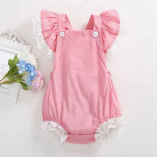 Newborn Toddler Baby Girls Lace Ruffle Sleeve Romper Summer Little Dots Pink Baby Romper