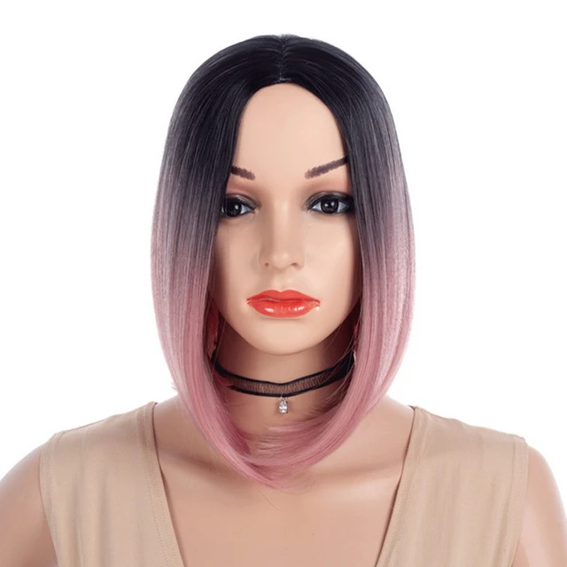 12inch Middle Part Straight Black Grey Ombre Bob Wig Synthetic Hair Two Tone Pink Red Green Blue Short Woman Wigs