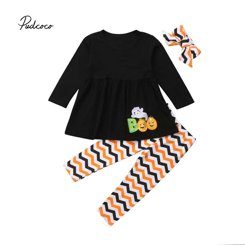 

Pudcoco 2018 Kids Baby Girl Halloween Clothes BOO Long Sleeve Dress Tops+Pants+Headband 3pcs Outfits Set Autumn Costume 2-7T
