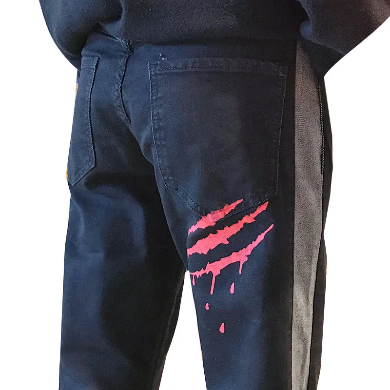 

Mid year skinny jeans uomo stripe printing slim Stretch Ripped straight pants Fashion Ankle Zipper bikerJeans men famous brand