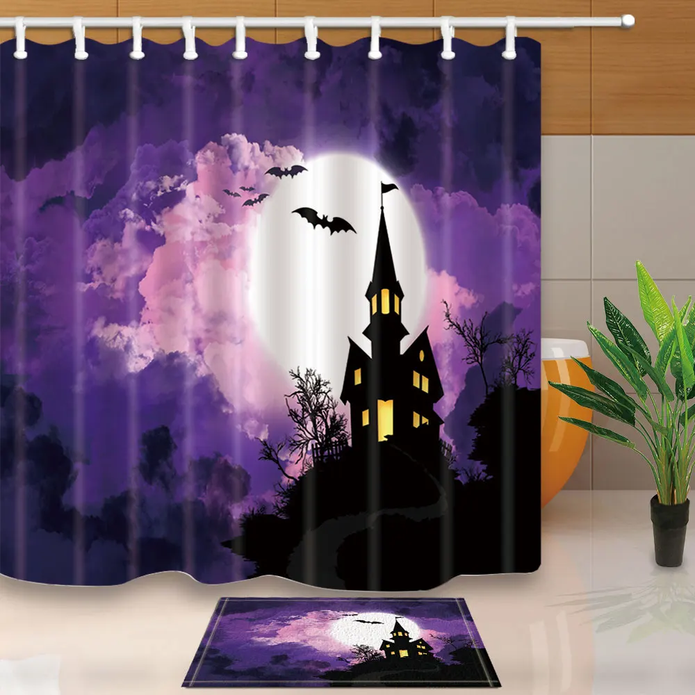 

Halloween Shower Curtains Purple Clouds Moon Witch's House Bathroom Curtains Polyester Fabric Waterproof Mildew Proof With Hooks