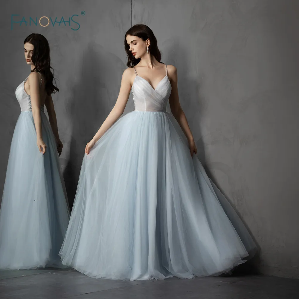 

Light Blue Evening Dress Long 2019 Prom Dress Sweetheart Crystal Beaded Back Tulle Formal Dress Evening Party Vestido Festa NE59