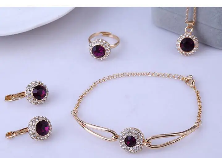 

Wholesale Fashion Watch 18K Gold Plated dark Purple CZ Zirconia Crystal Pendant necklace bracelet earrings rings jewelry sets