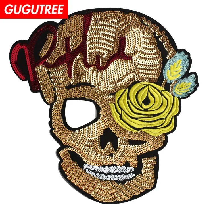 

GUGUTREE embroidery paillette big skull patches sequin patches skeleton patches badges applique patches for clothing