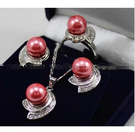 Pink Rose South sea Shell Pearl Earrings Ring &amp Necklace Pendant Set^^^@^Noble style Natural Fine jewe SHIPPING | Украшения и