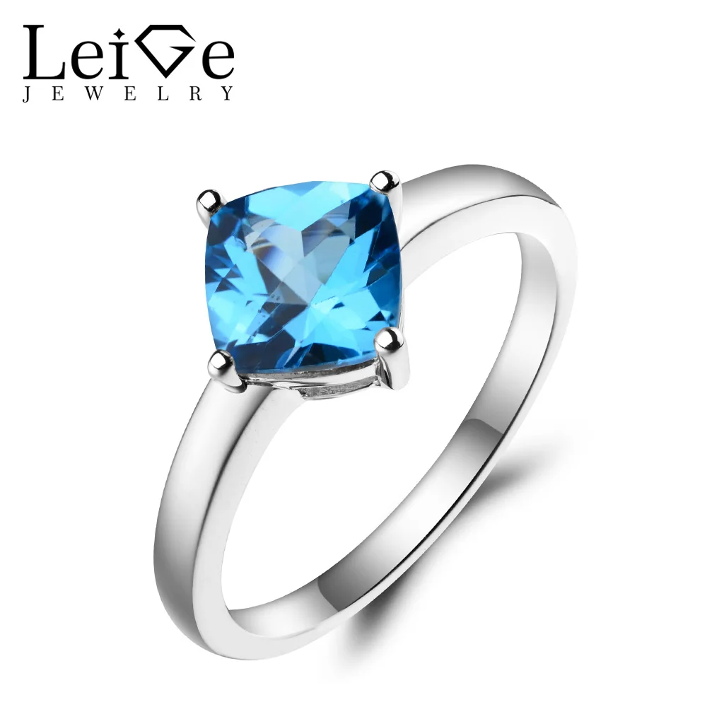 Leige Jewelry Swiss Blue Topaz Ring Wedding Ring Cushion Cut Blue