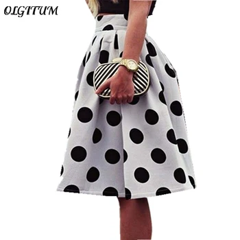 

2019 Spring Black White Polka Dots Prints Skirt Midi High Waist Thick Knee-length Midi Puff Skater Long A-line Skirts
