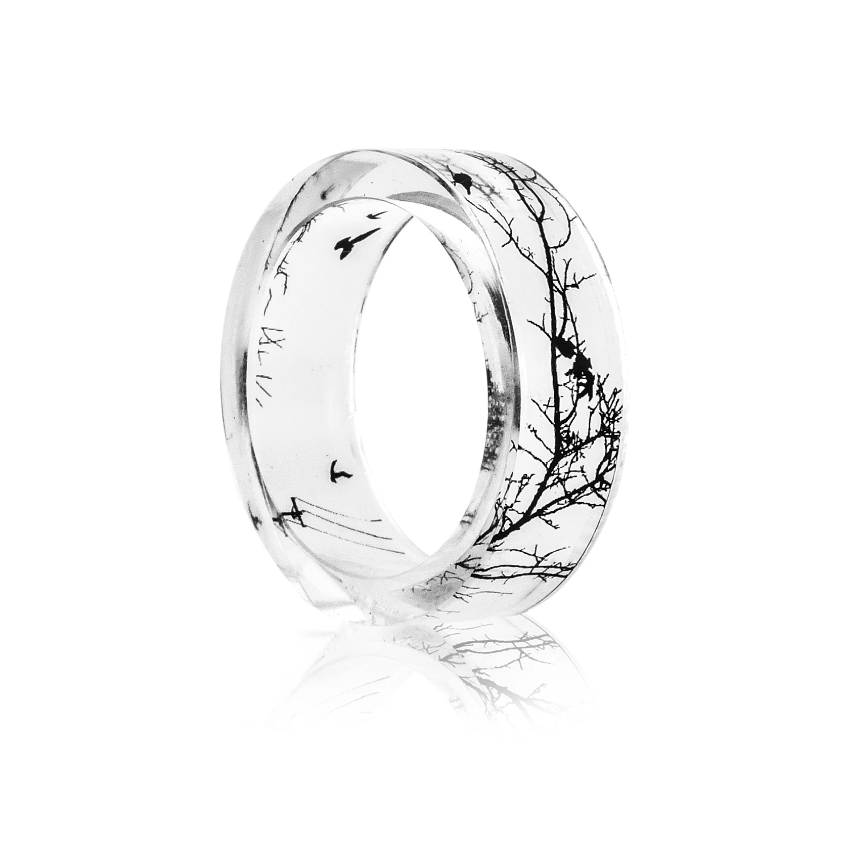 Transparent Resin Ring Tree And Birds Ink Painting Scenery Inside Epoxy Rings Women Finger Punk Jewelry